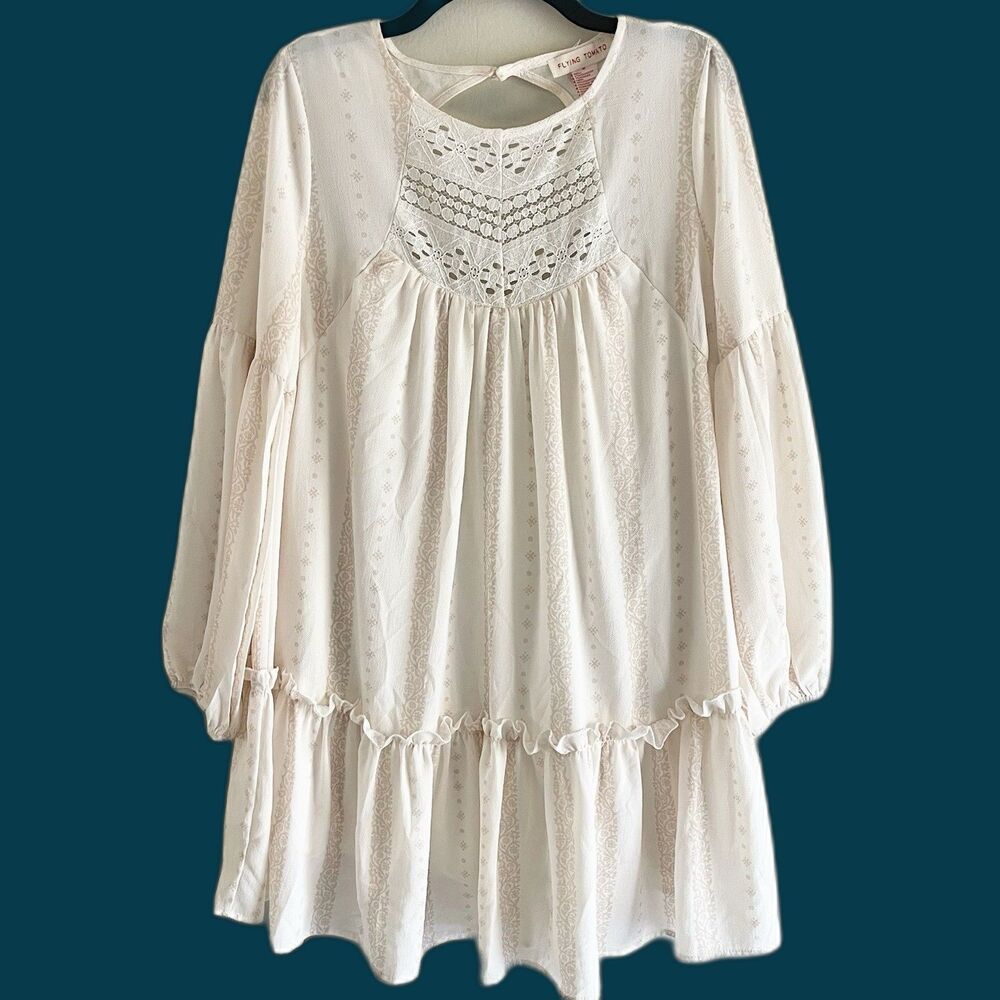 Flying Tomato Boho Dress Size M Tiered Flowy Cream Peasant Lantern Long Sleeves